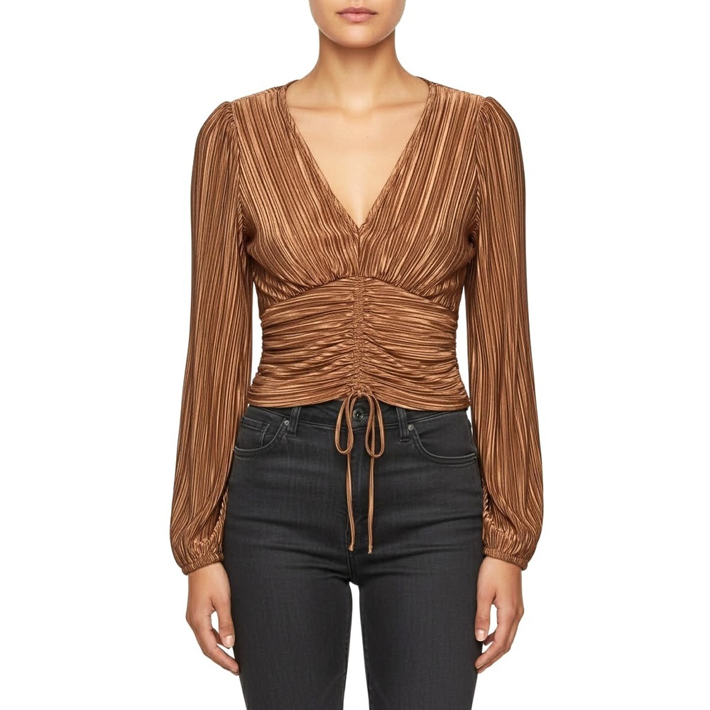 Lulus copper Satin Long Sleeve ruched blouse Top Size Small side zip steampunk